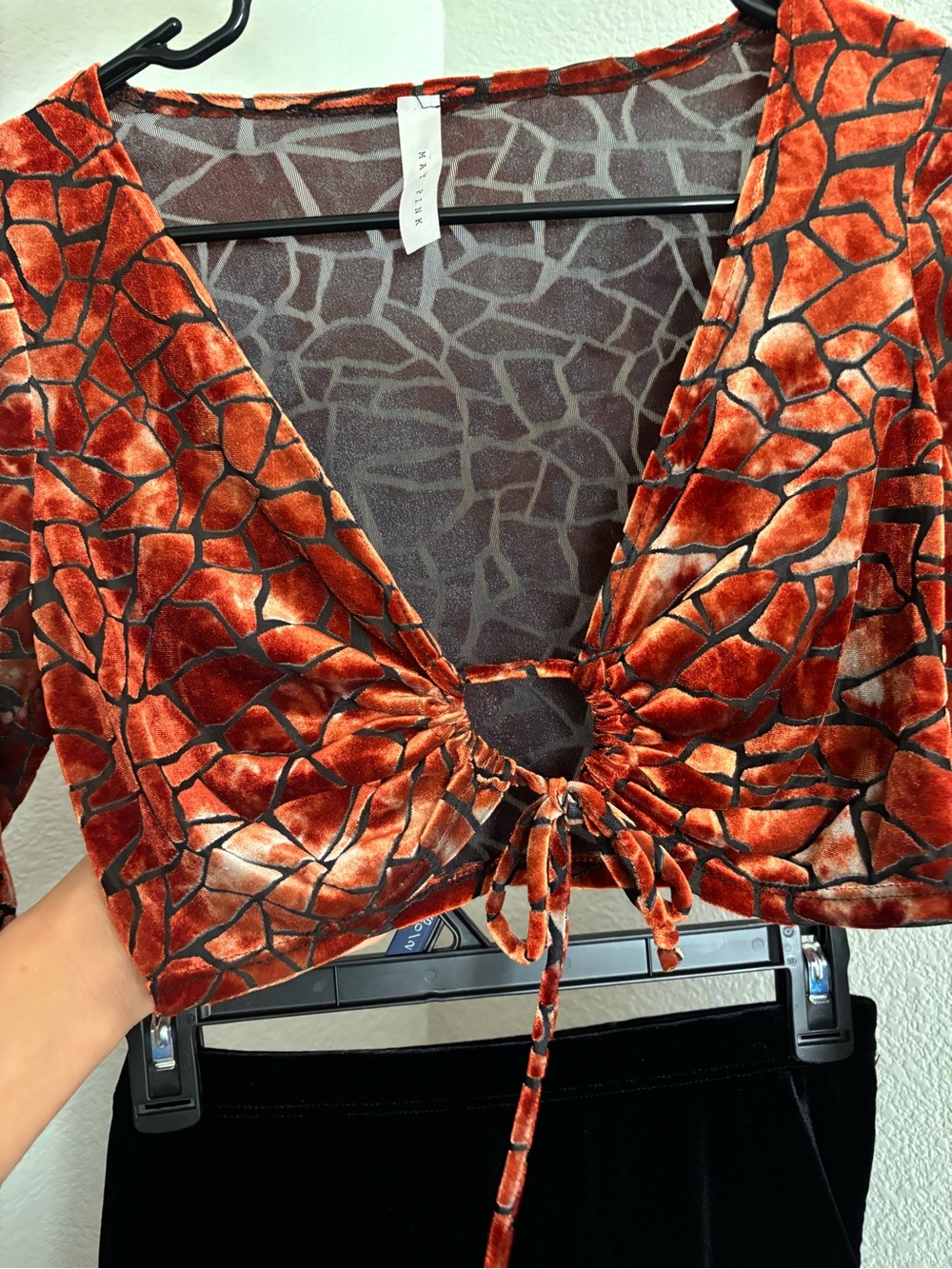 Women's Rust Cropped Velvet Drawstring Top - Picture 2 of 2
